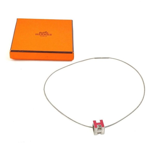 HERMES H cube Cardue H Pendant accessories Necklace Metal Silver/pink - Picture 3 of 7